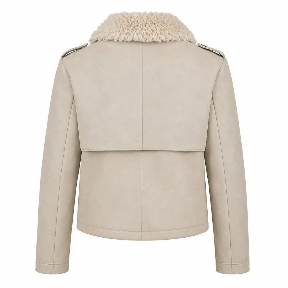 Y2K Women’s XL Faux Shearling Moto Jacket Cream Beige Cozy Winter Biker Coat